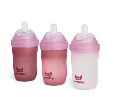 Set da 3 Biberon in vetro 220 ml con indicatore di calore e rivestimento in silicone, Rose