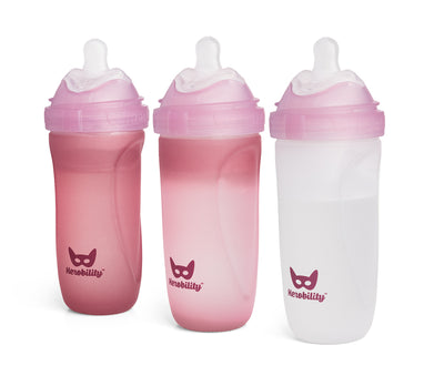 Set da 3 Biberon in vetro 320 ml con indicatore di calore e rivestimento in silicone, Rose
