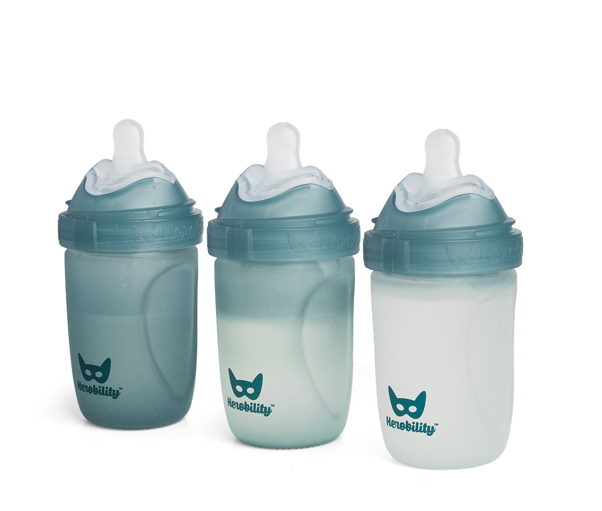 Set da 3 Biberon in vetro 220 ml con indicatore di calore e rivestimento in silicone, Teal